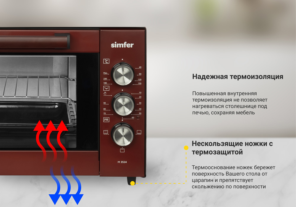 Мини-печь Simfer M3524 Classic, 3 режима работы, верхний и нижний нагрев, цвет красный - фото 7