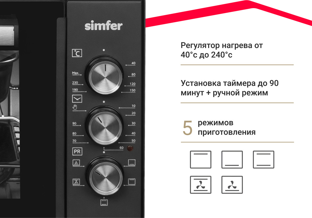Мини-печь Simfer M3516 Classic, 5 режима работы, конвекция, 2 противня, цвет черный - фото 3